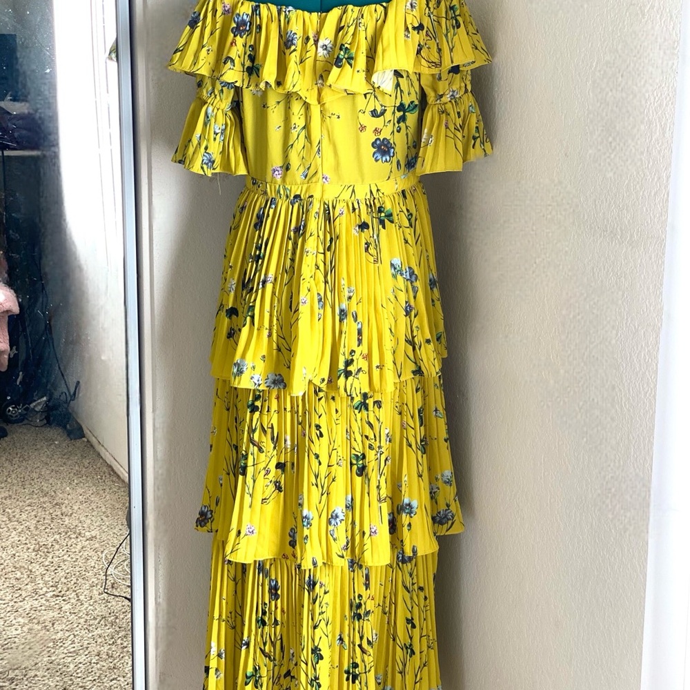 Aqua Yellow Ruffled Tiered Pleated Off-Shoulder Maxi Dress L - Picture 4 of 6